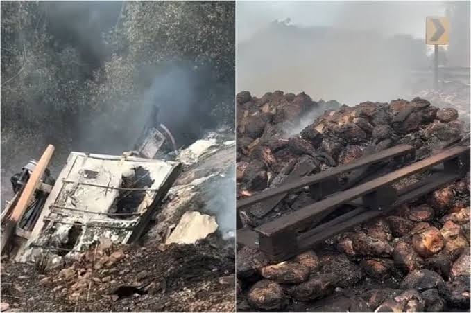 Motorista morre queimado após carreta despencar em ribanceira na BR-070