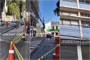 Reboco despenca de prédio e Defesa Civil mantém área isolada no Centro de Cuiabá